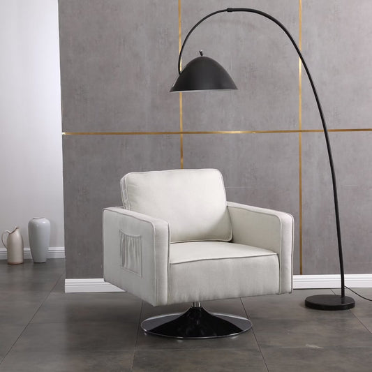 Cotton Linen 360 Degree Swivel Accent Chair, Modern Comfy Armchair with Silver Base, Club Leisure Sofa, for Living Room, Bedroom, Reading Room, Home, Office, Beige