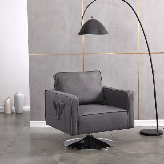 Cotton Linen 360 Degree Swivel Accent Chair, Modern Comfy Armchair with Silver Base, Club Leisure Sofa, for Living Room, Bedroom, Reading Room, Home, Office, Dark Gray