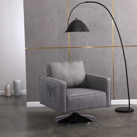 Cotton Linen 360 Degree Swivel Accent Chair, Modern Comfy Armchair with Silver Base, Club Leisure Sofa, for Living Room, Bedroom, Reading Room, Home, Office, Light Gray