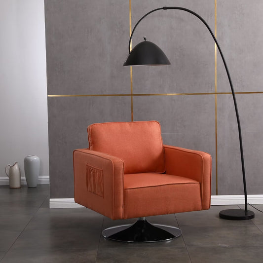 Cotton Linen 360 Degree Swivel Accent Chair, Modern Comfy Armchair with Silver Base, Club Leisure Sofa, for Living Room, Bedroom, Reading Room, Home, Office, Orange