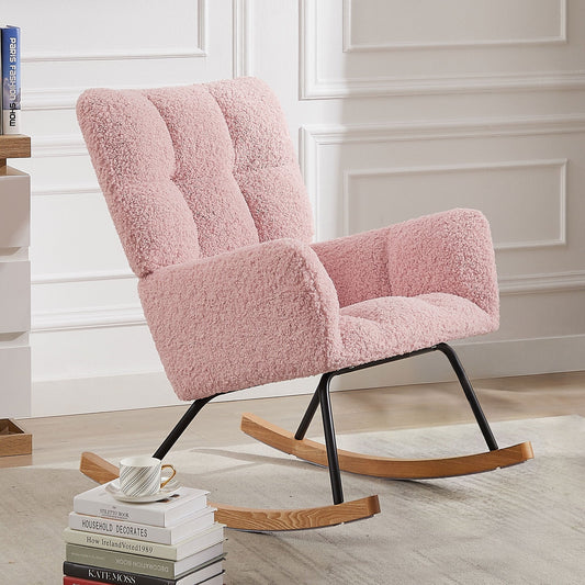 Cterwk Rocking Chair Leisure Sofa Chair Comfy Upholstered Lounge Chair with High Backrest, Pink