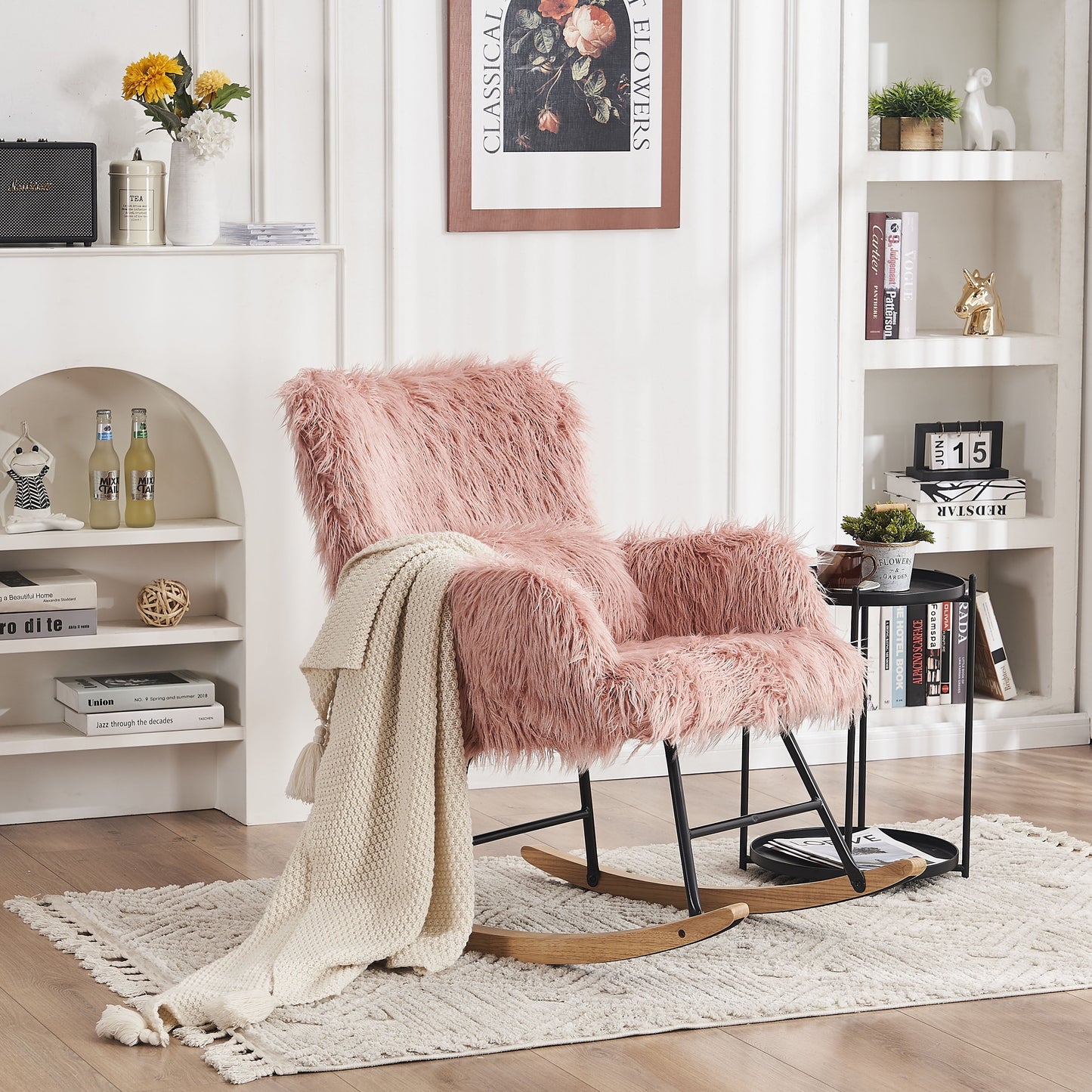 Cterwk Rocking Chair Reading Chair with Plush Upholstered and Waist Pillow, Armchair for Living Room, Bedroom, Office,Pink