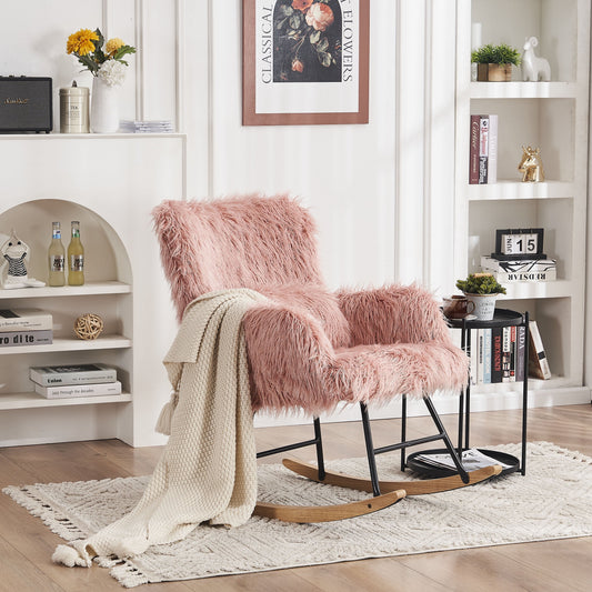 Cterwk Rocking Chair Reading Chair with Plush Upholstered and Waist Pillow, Armchair for Living Room, Bedroom, Office,Pink