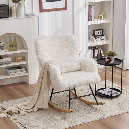 Cterwk Rocking Chair Reading Chair with Plush Upholstered and Waist Pillow, Armchair for Living Room, Bedroom, Office,White