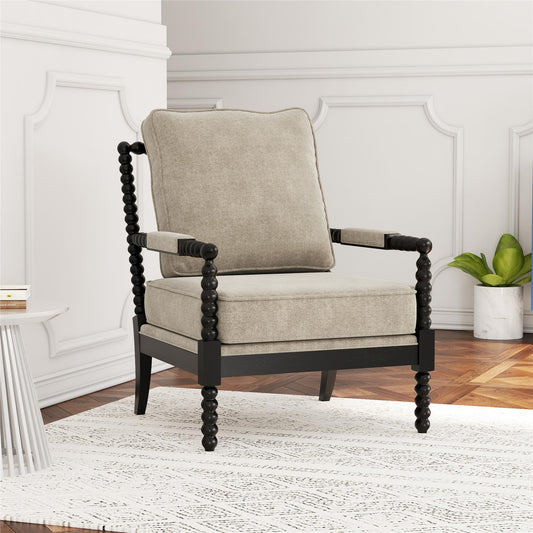 DHP Elaina Upholstered Spindle Accent Chair, Ivory/Blackened Oak