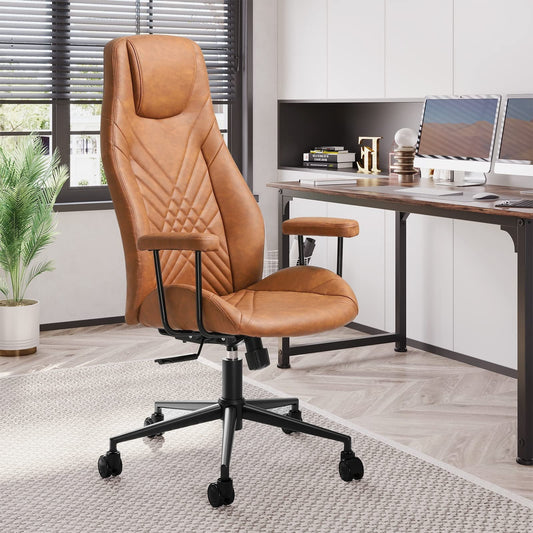 DICTAC Leather Office Chair, Ergonomic High Back Home Office Chair with Armrest, (Brown)