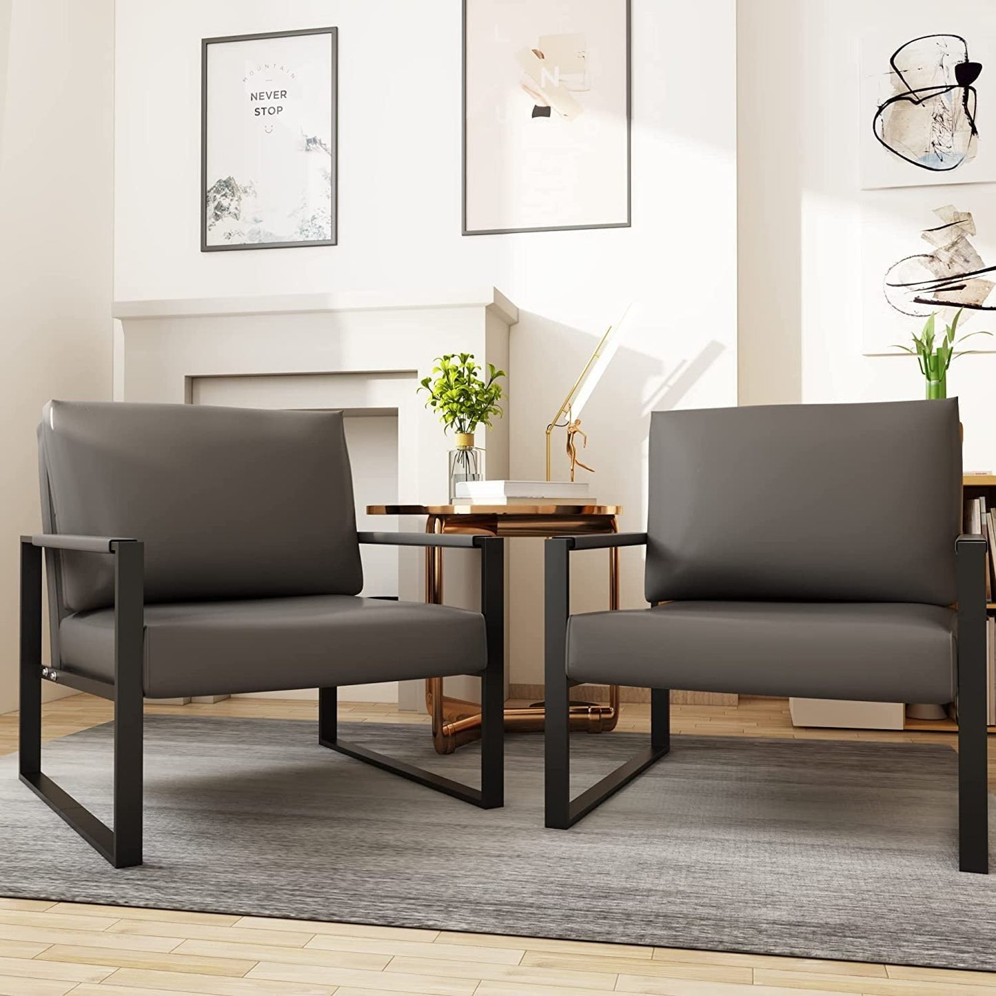 DKLGG Living Room Accent Chairs set of 2, Mid-Century Modern PU Leather Chairs with Armrests, 28 Inch Metal Frame Sofa Chair, Gray