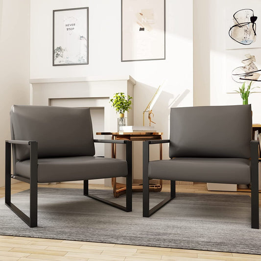 DKLGG Living Room Accent Chairs set of 2, Mid-Century Modern PU Leather Chairs with Armrests, 28 Inch Metal Frame Sofa Chair, Gray