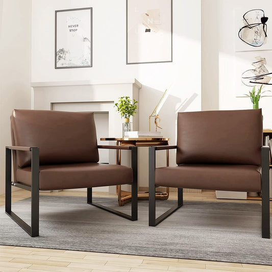 DKLGG Living Room Chairs set of 2, Mid-Century Modern PU Leather Chairs with Armrests, 28 Inch Metal Frame Sofa Chair, Brown