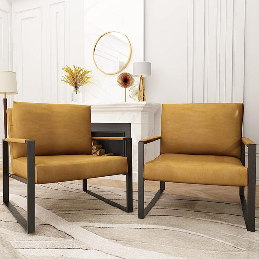 DKLGG Living Room Chairs set of 2, Mid-Century Modern PU Leather Chairs with Armrests, 28 Inch Metal Frame Sofa Chair, Yellow