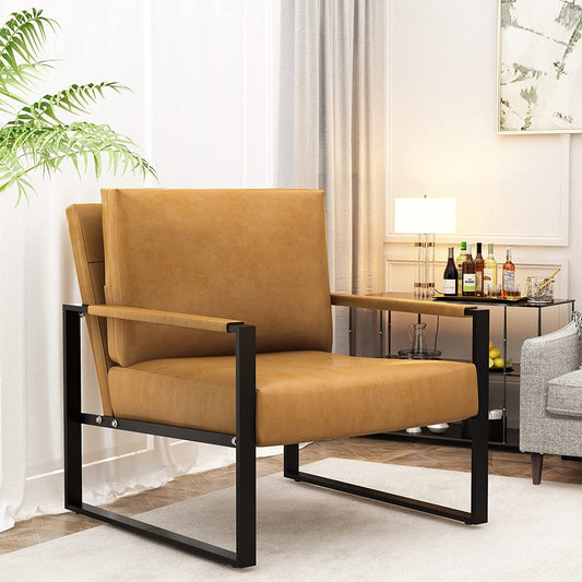 DKLGG Mid-Century Modern Accent Chair, 28 inch Metal Frame Sofa Chair, Modern Adults PU Leather Chairs with Armrests, Yellow