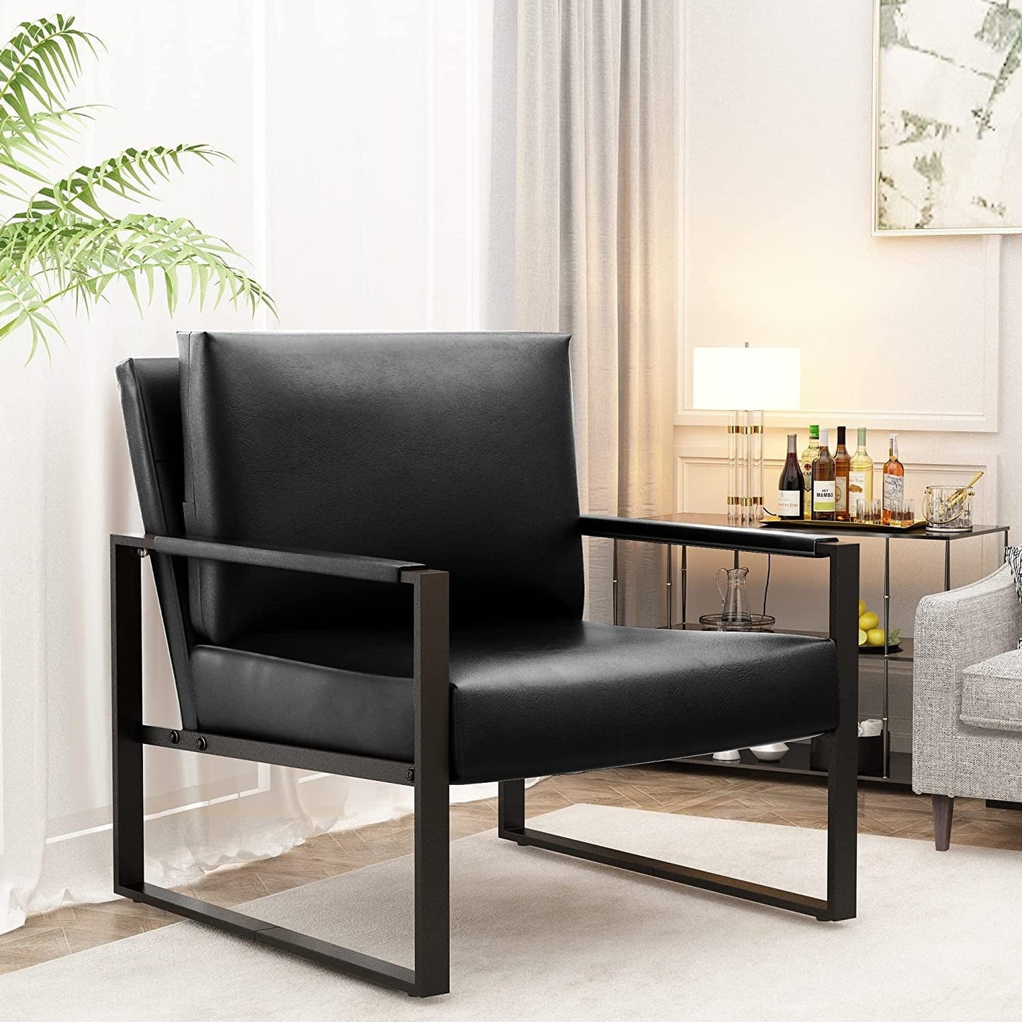 DKLGG Mid-Century Modern Accent Chair, 28 inch Metal Frame Sofa Chair, Modern Adults PU Leather Chairs with Armrests, Black