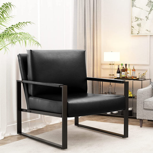 DKLGG Mid-Century Modern Accent Chair, 28 inch Metal Frame Sofa Chair, Modern Adults PU Leather Chairs with Armrests, Black