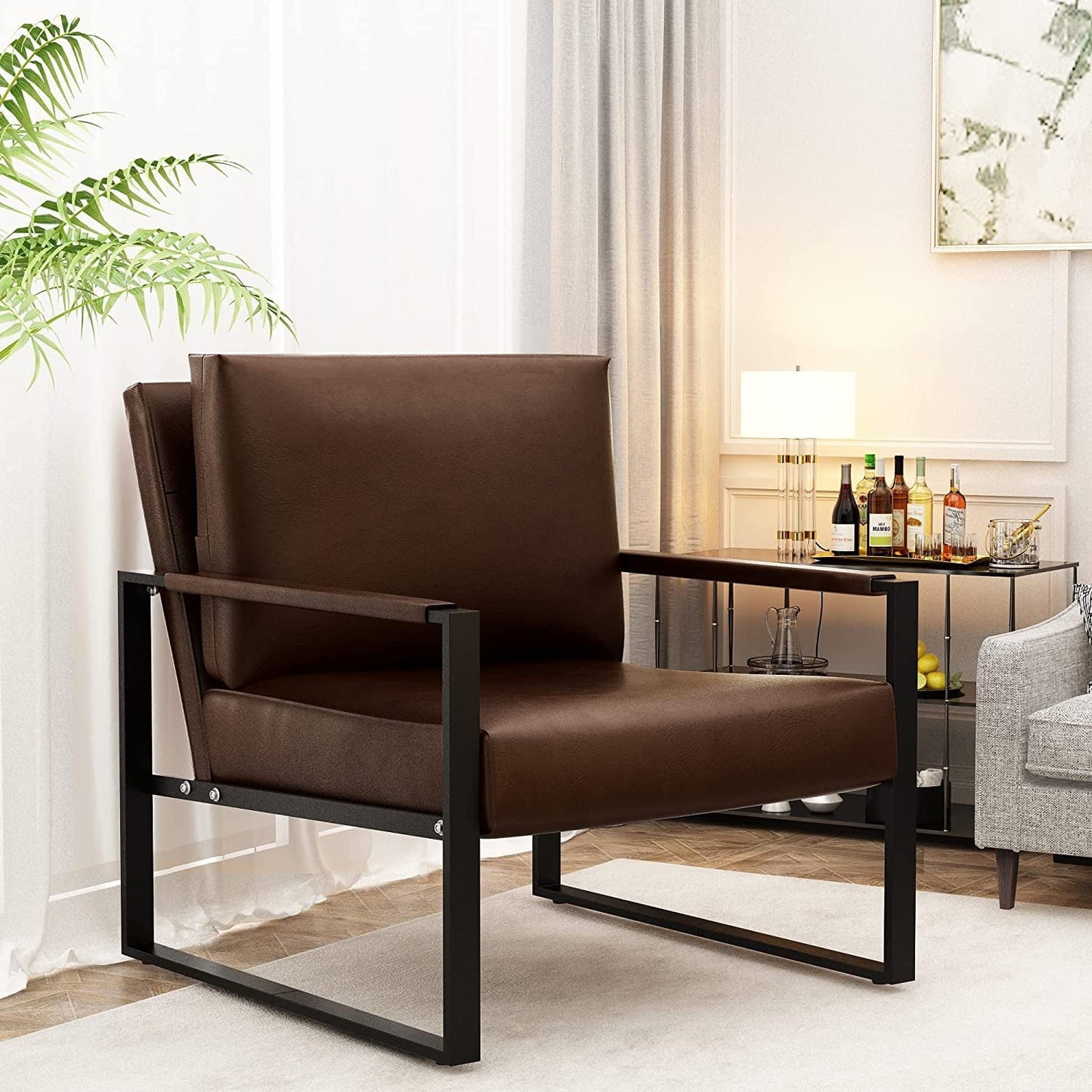 DKLGG Mid-Century Modern Accent Chair, 28 inch Metal Frame Sofa Chair, Modern Adults PU Leather Chairs with Armrests, Brown