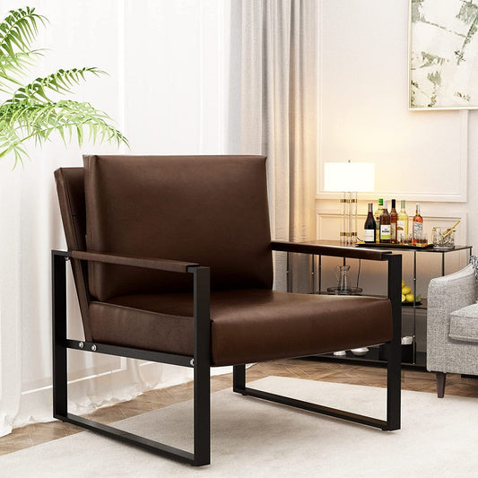 DKLGG Mid-Century Modern Accent Chair, 28 inch Metal Frame Sofa Chair, Modern Adults PU Leather Chairs with Armrests, Brown
