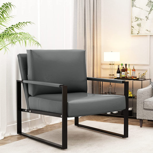 DKLGG Mid-Century Modern Accent Chair, 28 inch Metal Frame Sofa Chair, Modern Adults PU Leather Chairs with Armrests, Gray