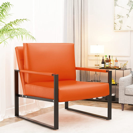 DKLGG Mid-Century Modern Accent Chair, 28 inch Metal Frame Sofa Chair, Modern Adults PU Leather Chairs with Armrests, Orange