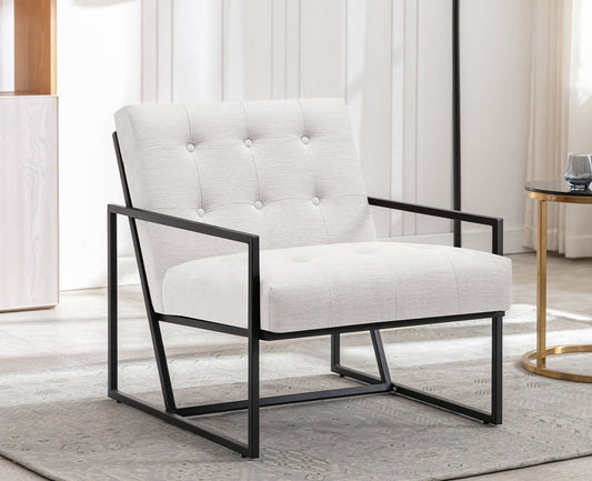Dayalane Modern Button Tufted Accent Chair, Mid-Century Linen Upholstered Arm Chair, 25.5' Wide Lounge Single Sofa with Black Finish Metal Frame for Living Room Bedroom Club, Cream