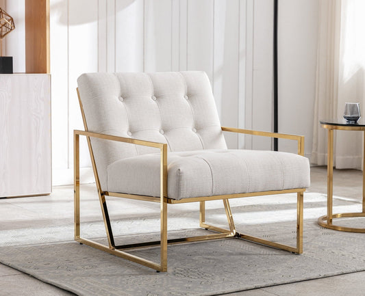 Dayalane Modern Button Tufted Accent Chair, Mid-Century Linen Upholstered Arm Chair, 25.5' Wide Lounge Single Sofa with Gold Finish Metal Frame for Living Room Bedroom Club, Cream