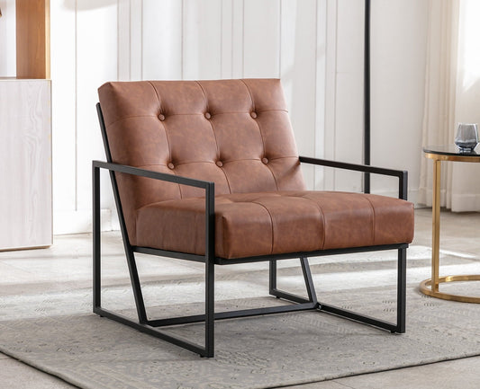 Dayalane Modern Button Tufted Accent Chair, Mid-Century PU Upholstered Arm Chair, 25.5' Wide Lounge Single Sofa with Black Finish Metal Frame for Living Room Bedroom Club, Brown