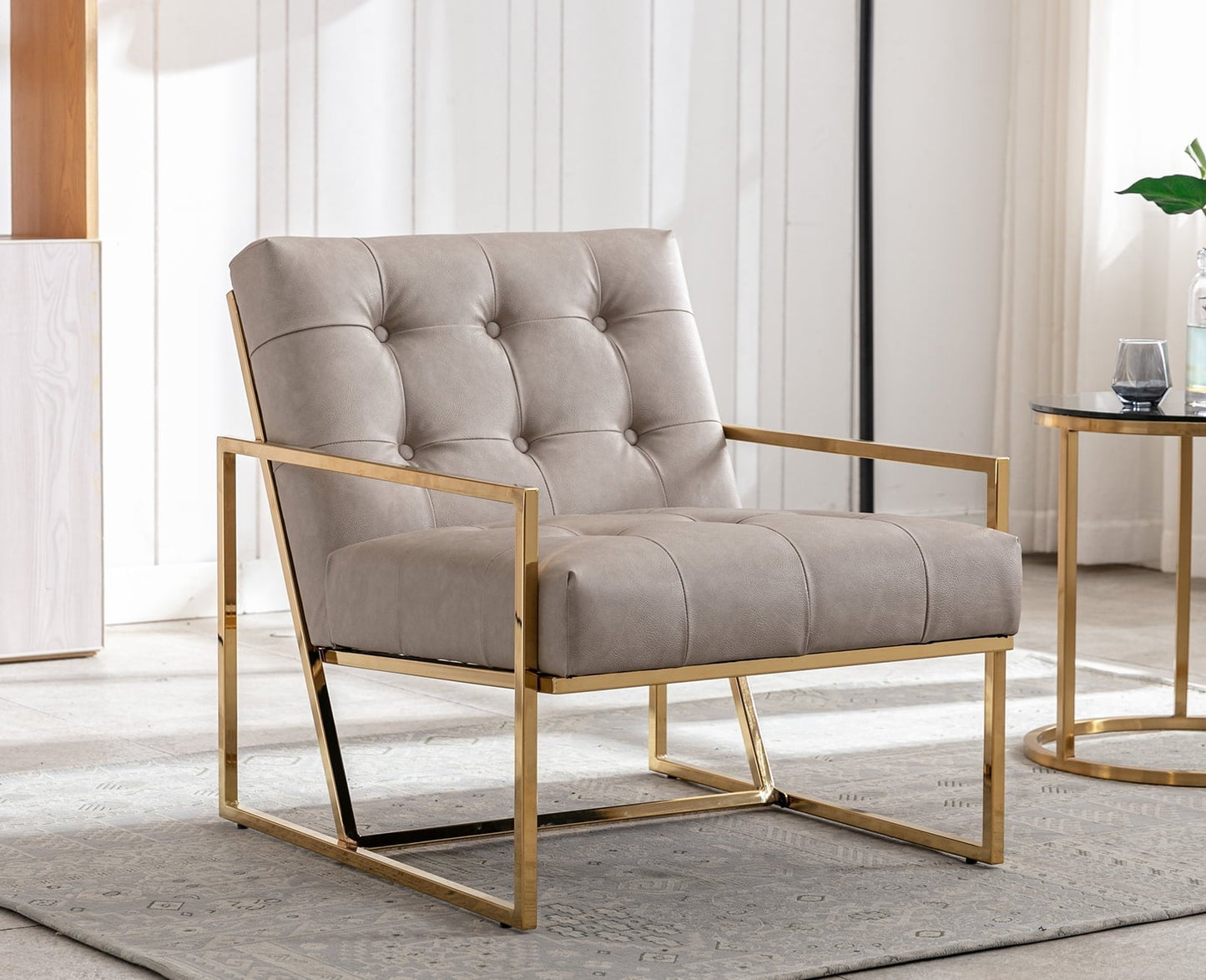 Dayalane Modern Button Tufted Accent Chair, Mid-Century PU Upholstered Arm Chair, 25.5' Wide Lounge Single Sofa with Gold Finish Metal Frame for Living Room Bedroom Club, White