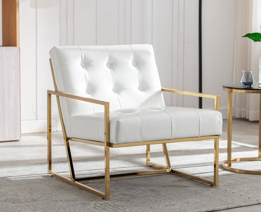 Dayalane Modern Button Tufted Accent Chair, Mid-Century PU Upholstered Arm Chair, 25.5' Wide Lounge Single Sofa with Gold Finish Metal Frame for Living Room Bedroom Club, White