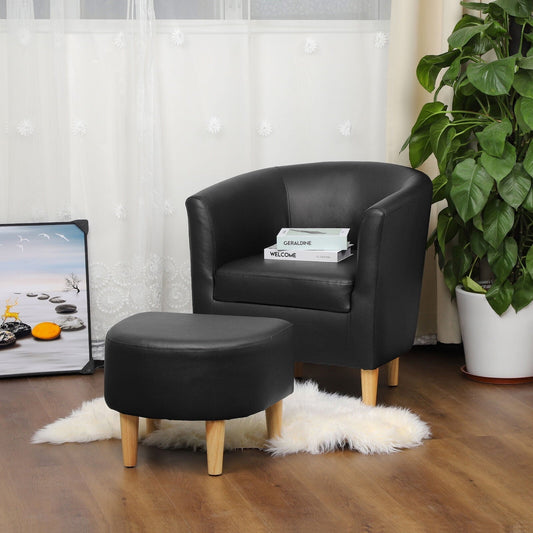 Dazone Accent Arm Chair With Ottoman Set, Modern Leather Chair,Footrest Set, Upholstered Club Tub Round Single Sofa,Black,Home,Family