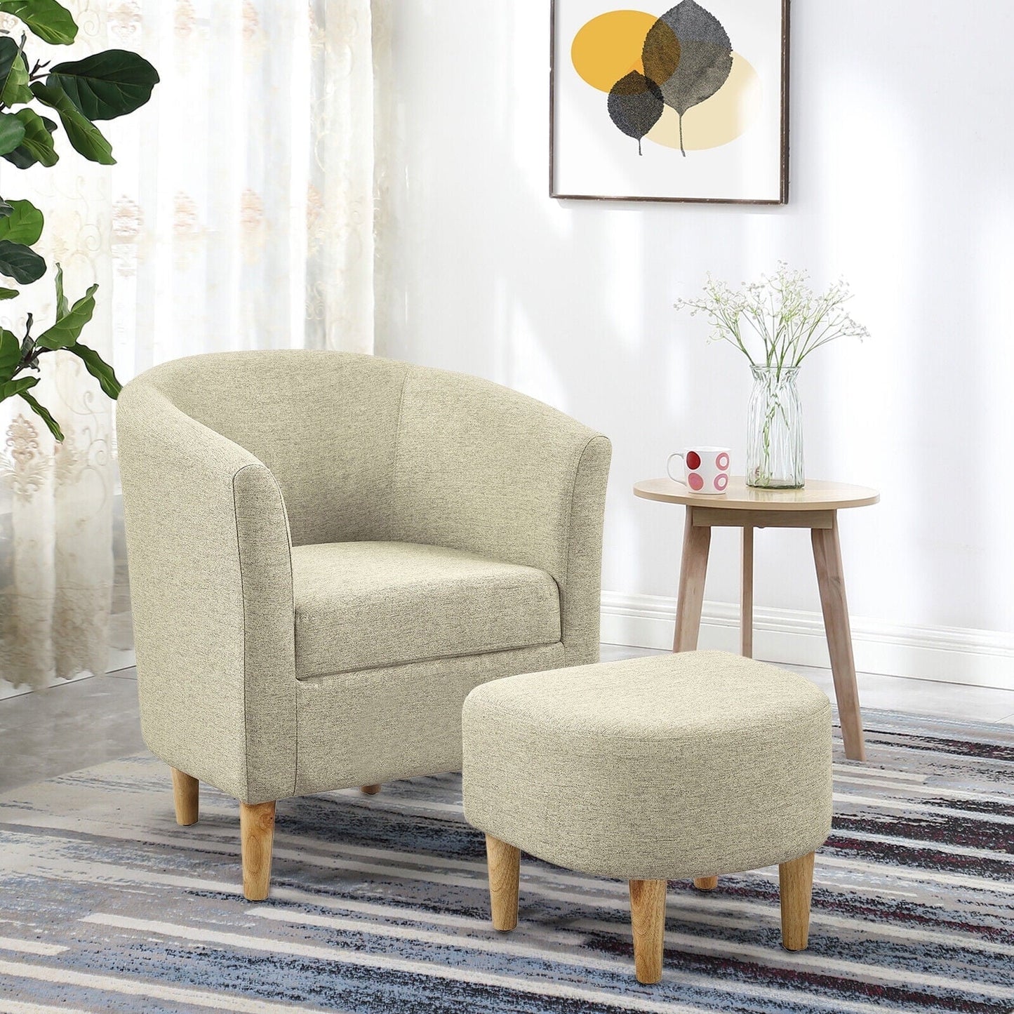 Dazone Chair & Ottoman Set Modern Farbic Single Club Sofa Chair Comfy Armchair w/ Footrest Beige