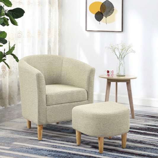 Dazone Chair & Ottoman Set Modern Farbic Single Club Sofa Chair Comfy Armchair w/ Footrest Beige