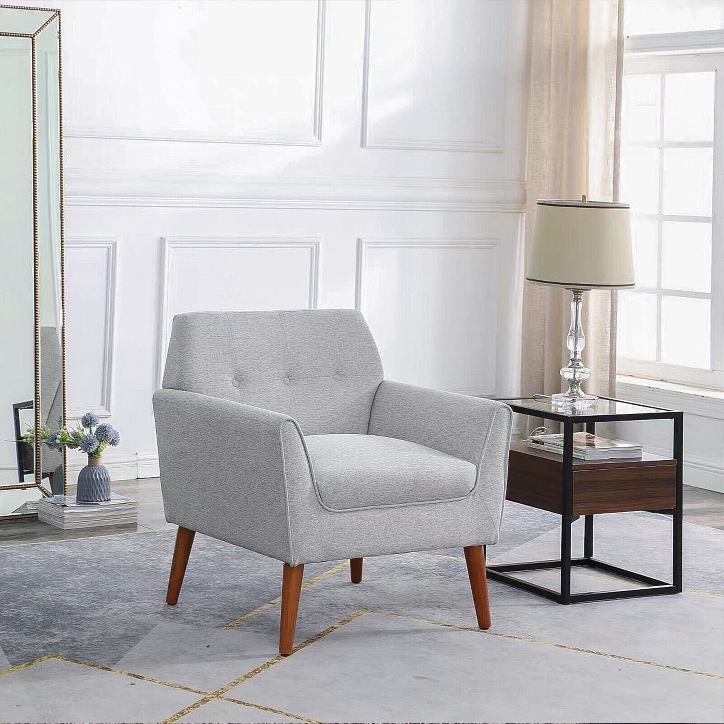 Dazone Mid Century Modern Accent Chair, Comfy Upholstered Linen Fabric Armchair Single Sofa Chairs Club Chair Comfortable Reading Seat, Light Gray