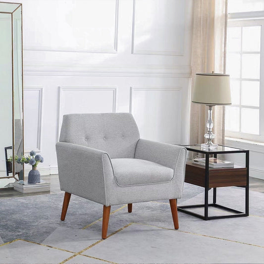 Dazone Mid Century Modern Accent Chair, Comfy Upholstered Linen Fabric Armchair Single Sofa Chairs Club Chair Comfortable Reading Seat, Light Gray