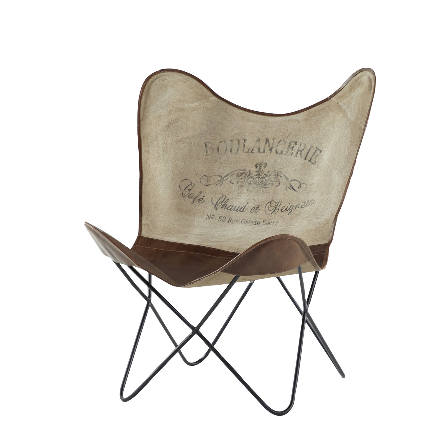 DecMode Contemporary Tan/Brown Canvas Outdoor Chair 30'W x 36'H, Features 'BOULANGERIE Caf짢짝 Chaud et Beignets No 52 Rue Gateau Sucre' Text