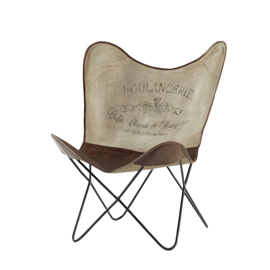 DecMode Contemporary Tan/Brown Canvas Outdoor Chair 30'W x 36'H, Features 'BOULANGERIE Caf짢짝 Chaud et Beignets No 52 Rue Gateau Sucre' Text