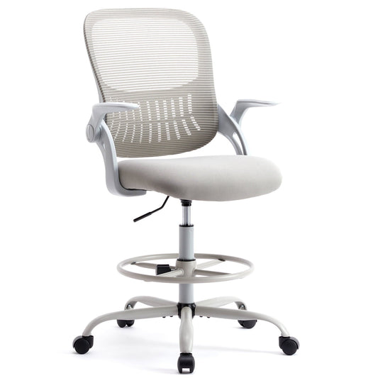 Deiokin Drafting Tall Office Chair, Ergonomic Mesh Mid Back Task Office Chair with Adjustable Lumbar Support, Flip up Arms and Foot-ring, Executive Computer Swivel Chair, Home Desk Chair, Gray