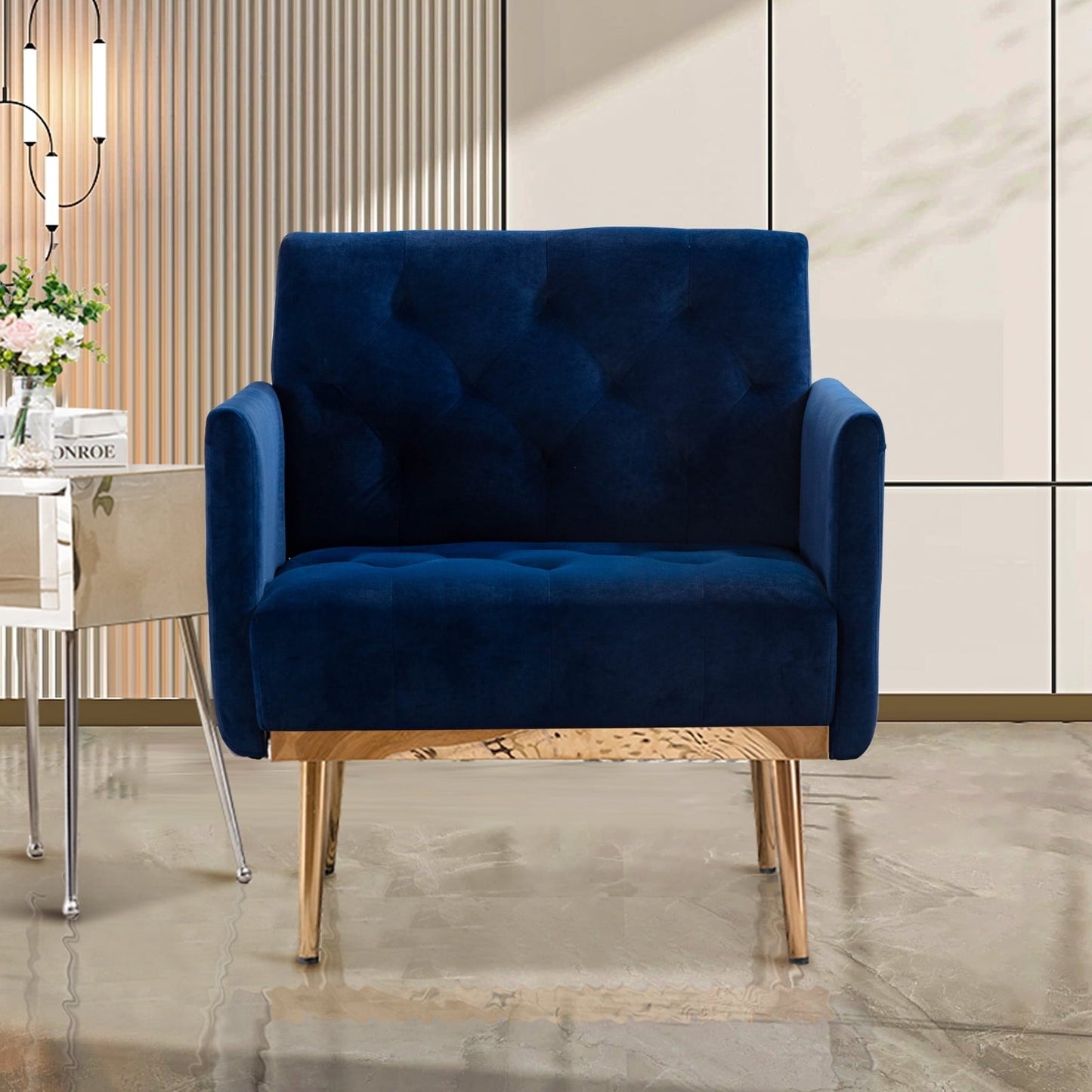 Deolme Modern Accent Chair, Upholstered Single Sofa Chair Sherpa Arm Chair for Living Room, Comfy Armchair with Metal Legs, Tufted Chair for Reading, Navy Blue Velvet