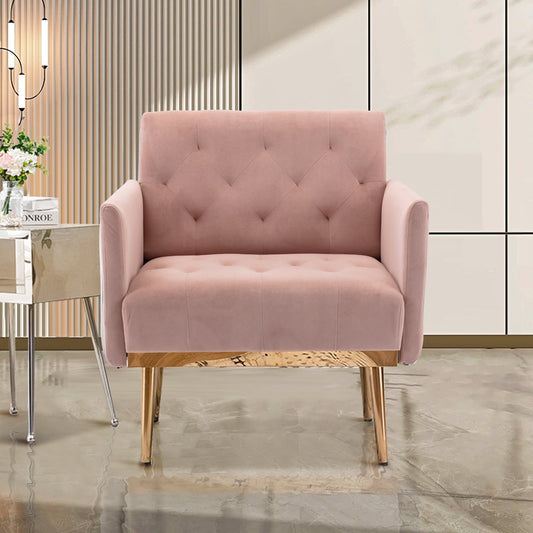 Deolme Modern Accent Chair, Upholstered Single Sofa Chair Sherpa Arm Chair for Living Room, Comfy Armchair with Metal Legs, Tufted Chair for Reading, Pink Velvet