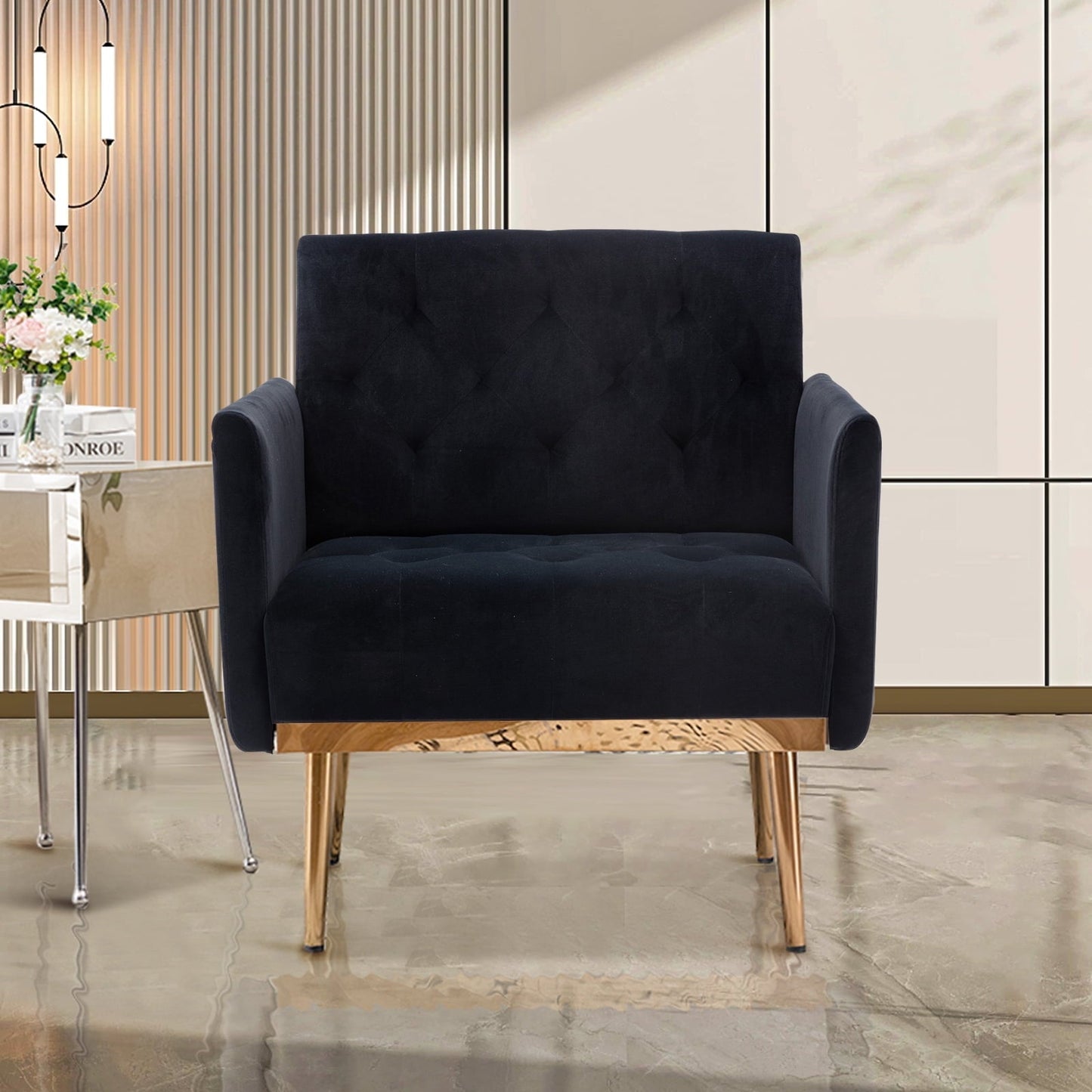 Deolme Modern Accent Chair, Upholstered Single Sofa Chair for Living Room, Comfy Armchair with Metal Legs, Tufted Chair for Reading, Black Velvet