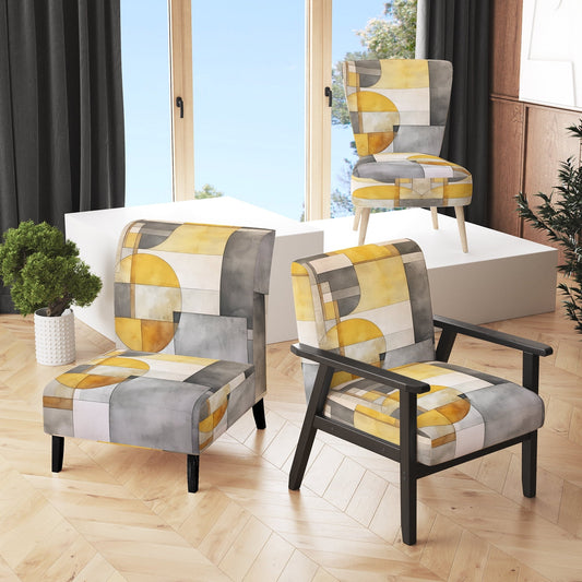 Designart 'Intersecting Realities in Yellow and Grey I' Yellow Abstractions Upholstered Accent Chair - Modern Arm Chair For Living Room