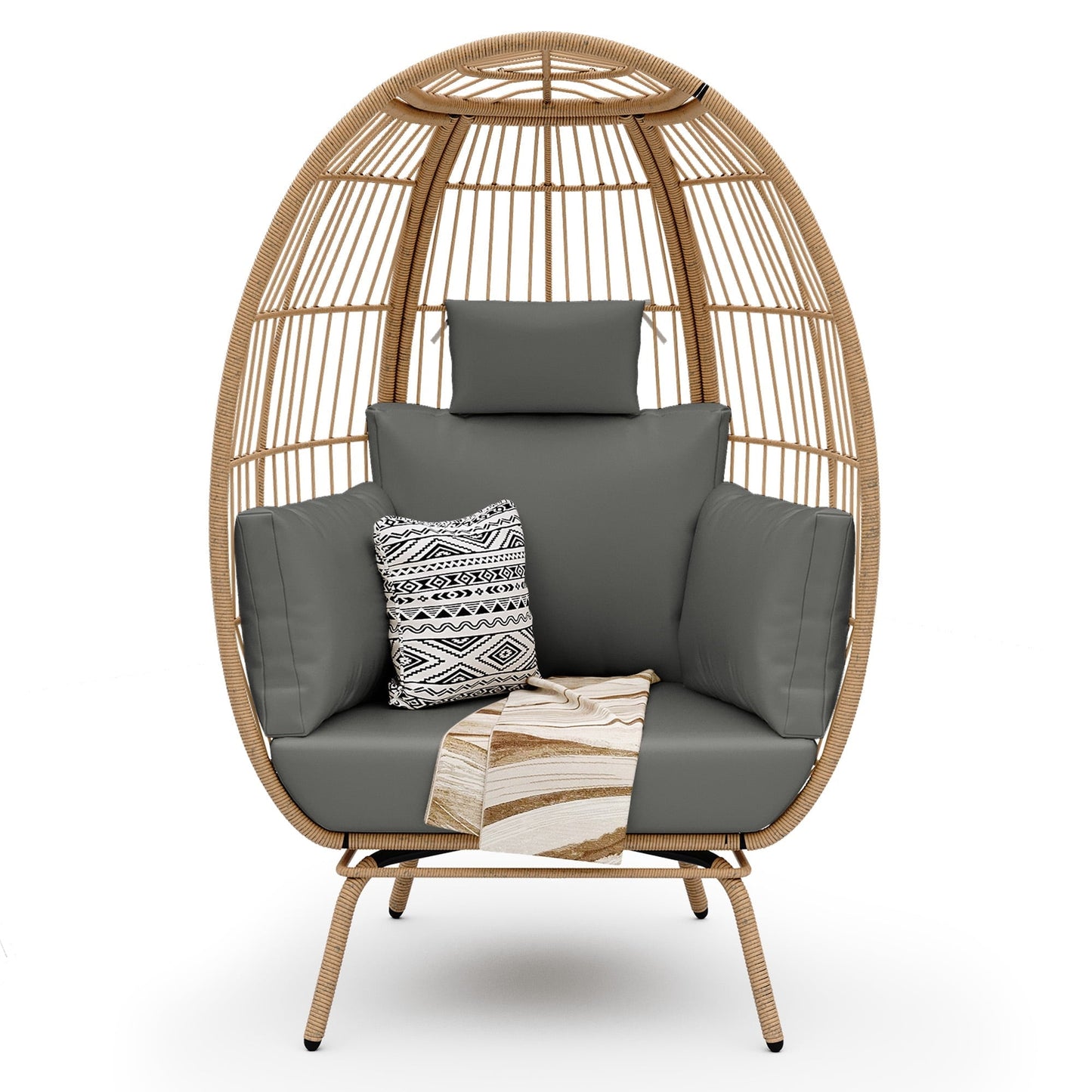 Dextrus Wicker Egg Chair Outdoor Indoor Oversized Lounger with Stand and Gray Cushions Egg Basket Chair for Patio Backyard Porch