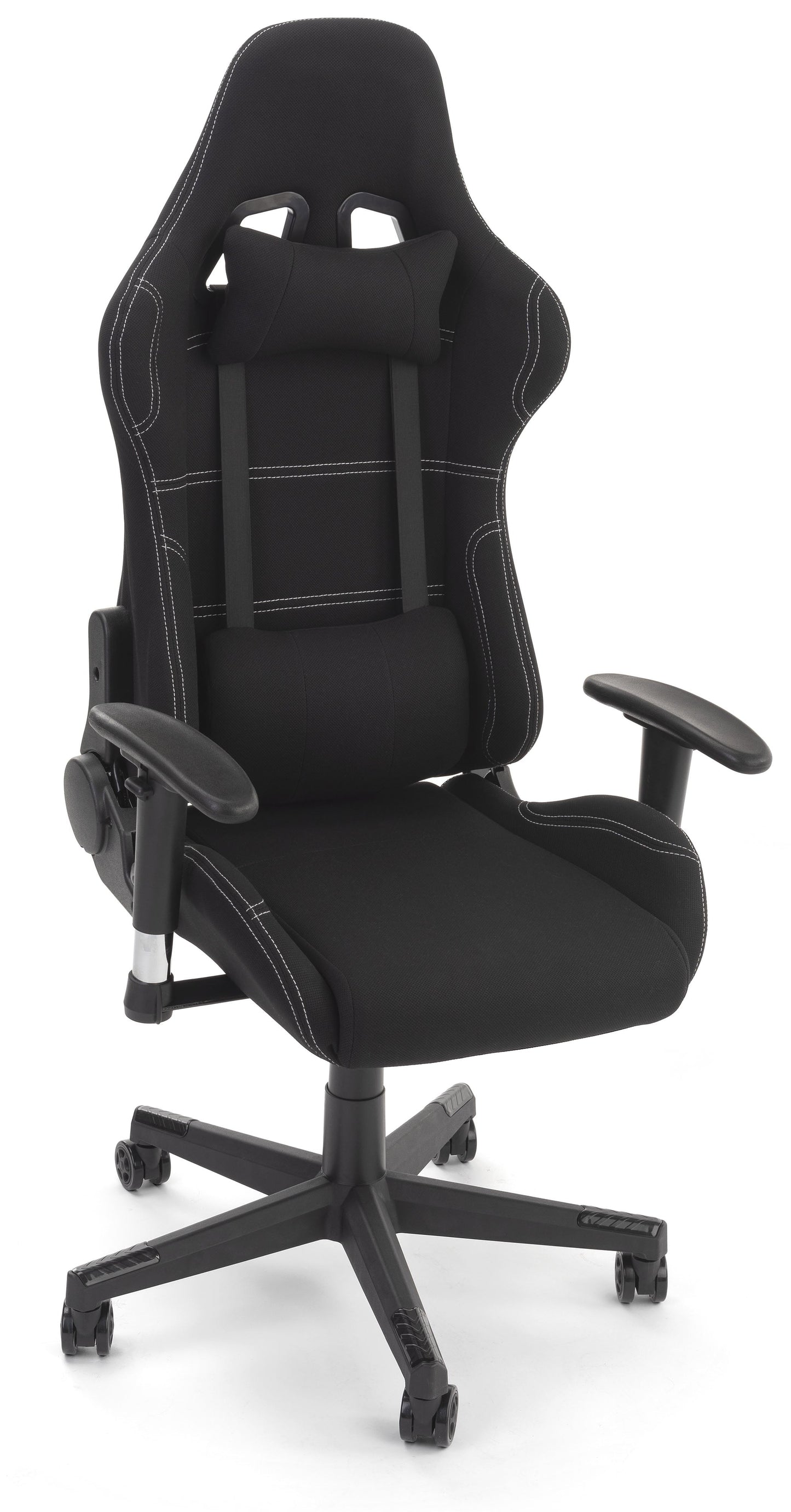 Displays2go Racing Style Gaming Chair for Office and Home Desk, Ergonomic Adjustments and Lumbar Support Pillow, Fabric Seat - Black (FDGAMECHGY)