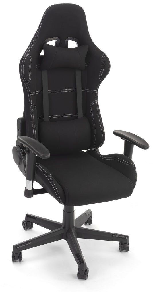 Displays2go Racing Style Gaming Chair for Office and Home Desk, Ergonomic Adjustments and Lumbar Support Pillow, Fabric Seat - Black (FDGAMECHGY)
