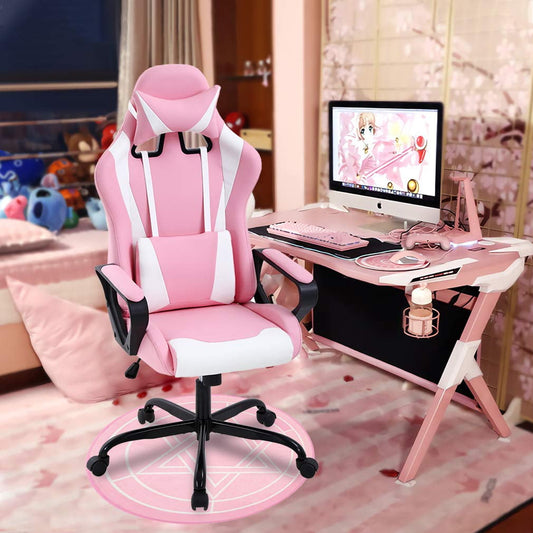 Dkelincs Gaming Chair for Teens PU Leather Computer Chairs with Headrest,Waist Pillow and Quiet Rolling Wheels, Pink
