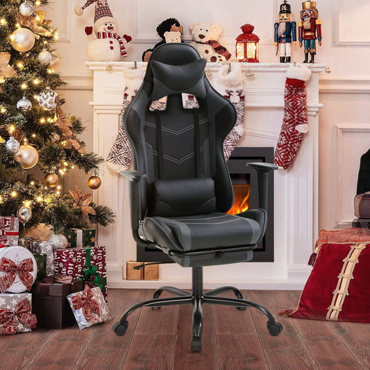 Dkelincs Gaming Chair with Headrest & Lumbar Support PU Leather Adjustable Computer Chair with Footrest, Gray