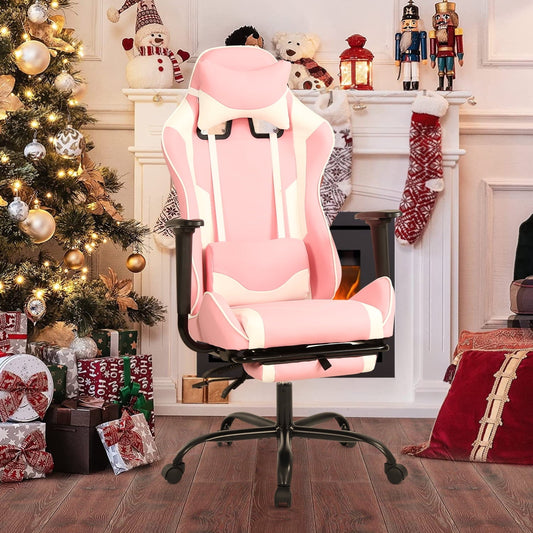 Dkelincs Gaming Chair with Headrest & Lumbar Support PU Leather Adjustable Computer Chair with Footrest, Pink