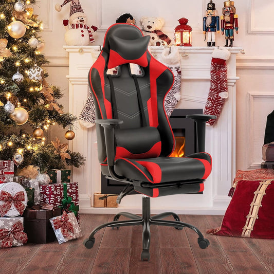 Dkelincs Gaming Chair with Headrest & Lumbar Support PU Leather Adjustable Computer Chair with Footrest, Red