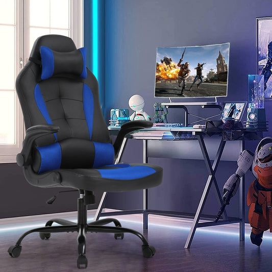 Dkelincs PC Gaming Chair Ergonomic Office Chair with Lumbar Support Flip Up Arms Headrest Adjustable Computer Desk Chair for Adults, Blue
