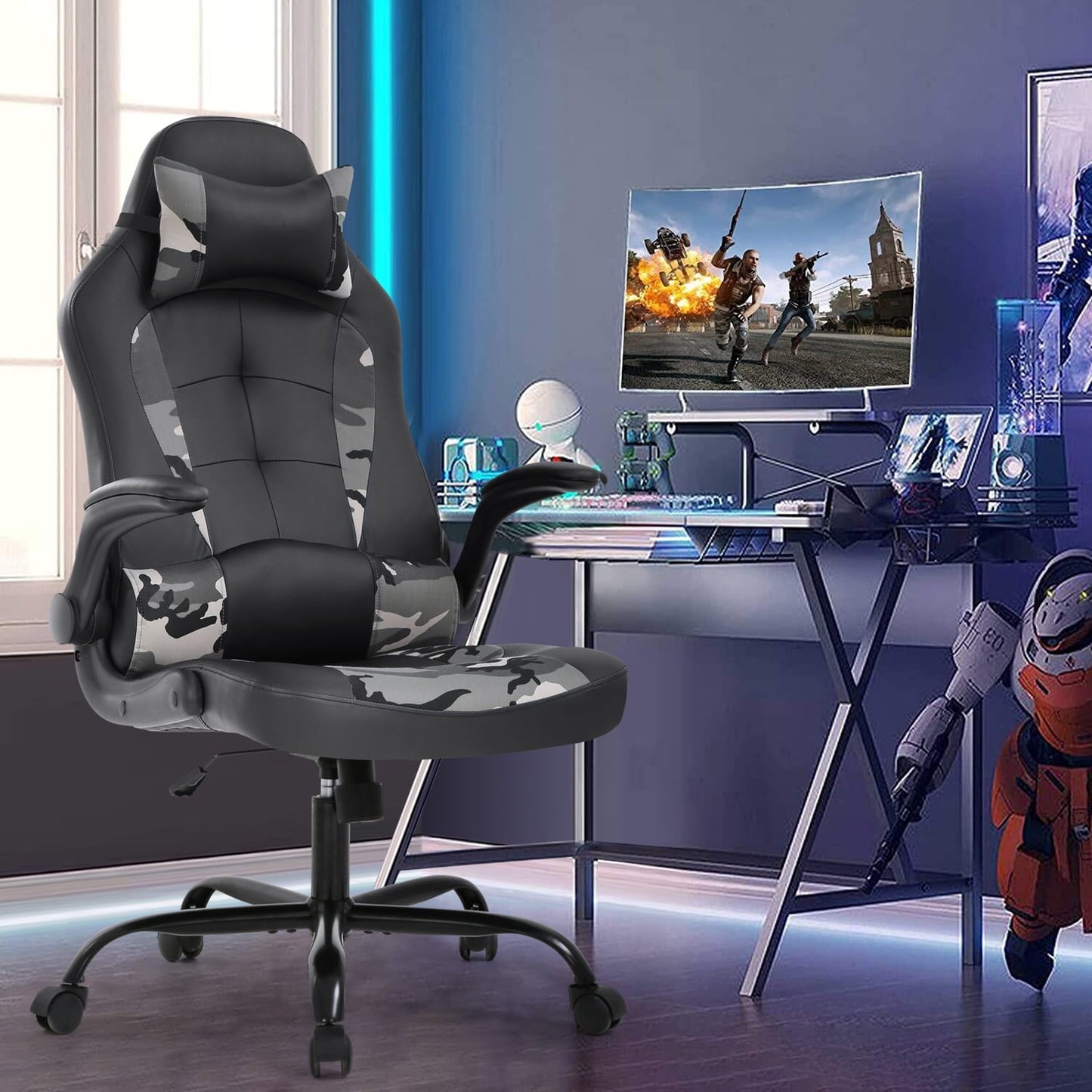 Dkelincs PC Gaming Chair Ergonomic Office Chair with Lumbar Support Flip Up Arms Headrest Adjustable Computer Desk Chair for Adults, Camo