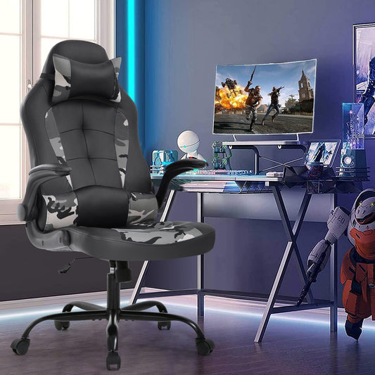 Dkelincs PC Gaming Chair Ergonomic Office Chair with Lumbar Support Flip Up Arms Headrest Adjustable Computer Desk Chair for Adults, Camo