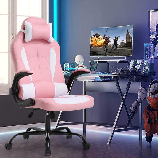 Dkelincs PC Gaming Chair Ergonomic Office Chair with Lumbar Support Flip Up Arms Headrest Adjustable Computer Desk Chair for Adults, Pink