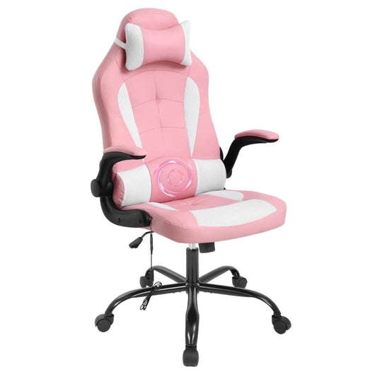 Dkelincs Video Game Chair Massage Gaming Chair PU Leather Computer Chair Ergonomic Office Desk Chair with a Vibrator Lumbar Support, Headrest, Flip Up Armrest, Pink